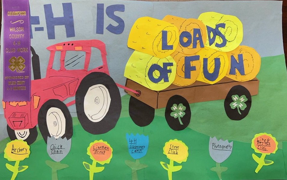 Poster with a red tractor hauling a load of hay with the slogan "4-H is loads of fun".