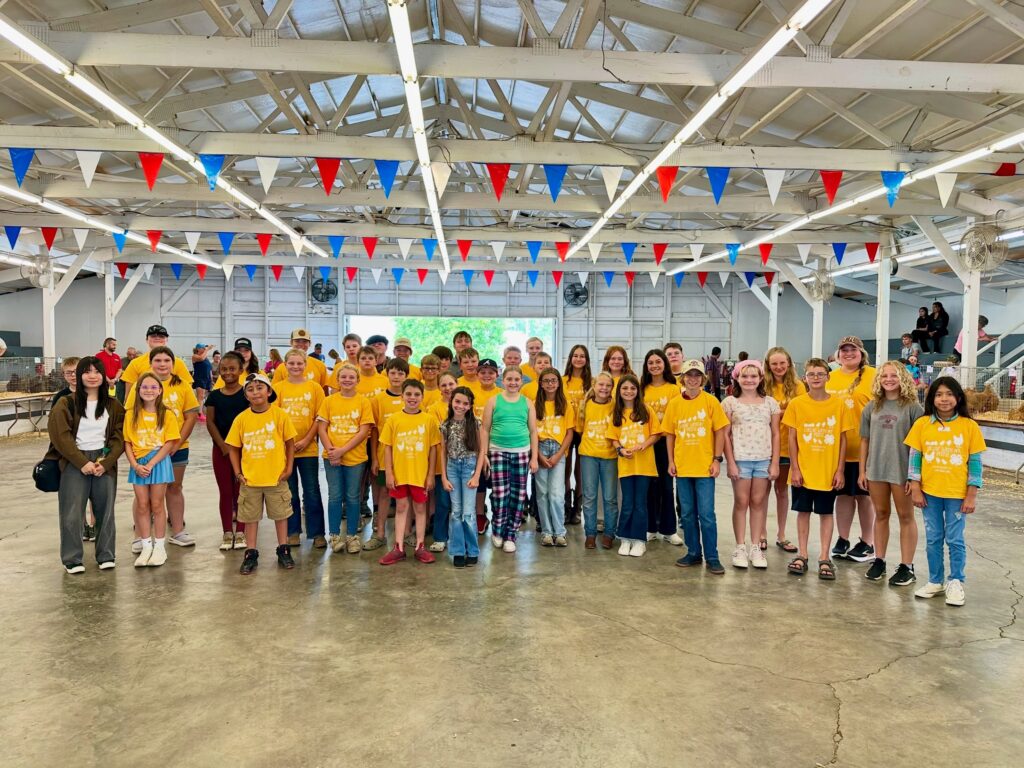Group of 4-H youth in the barn wearing their yellow 4-H Chick Chain T-shirts.